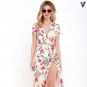 Lulu’s Vine Art Ivory Floral Print Wrap Dress